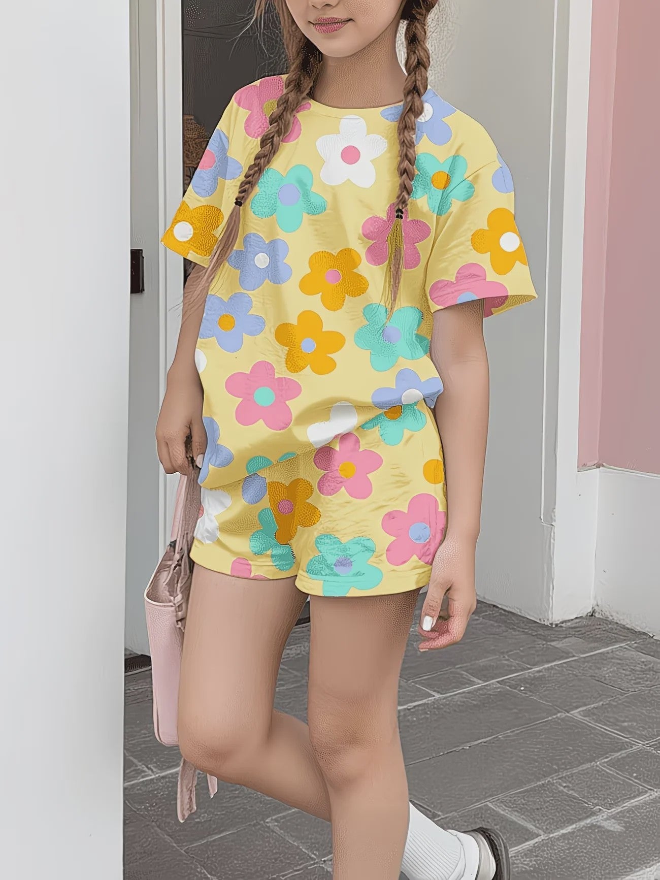 Girls Short Sleeve Crew Neck T-Shirt + Shorts Set Allover Multicolor Floral Print Casual Cute Kids Daily Outfit Ages 1-14