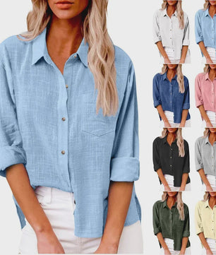 Dames Blouse met Lange Mouwen - Katoen Linnen Look
