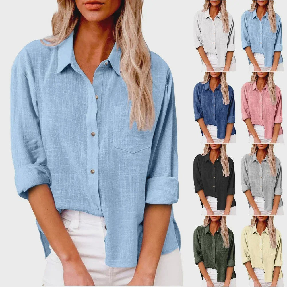 Dames Blouse met Lange Mouwen - Katoen Linnen Look