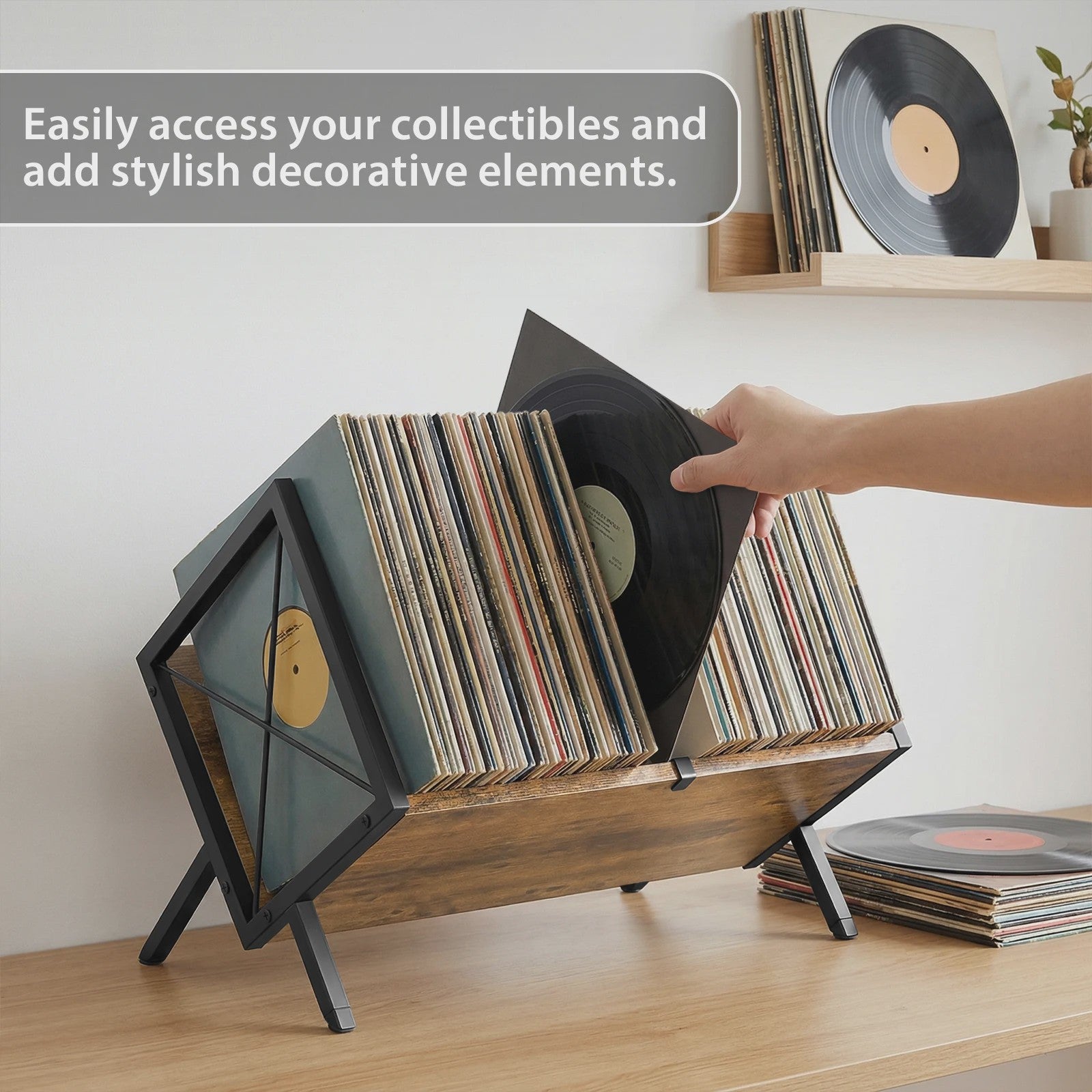Stijlvolle Retro Vinylplatenhouder & LP Opbergrek - Minimalistisch Bureau Display