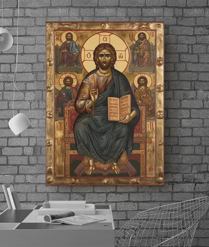Byzantijnse Wanddecoratie: Jezus op de Troon van de Almachtige - Gouden Religieuze Kunst