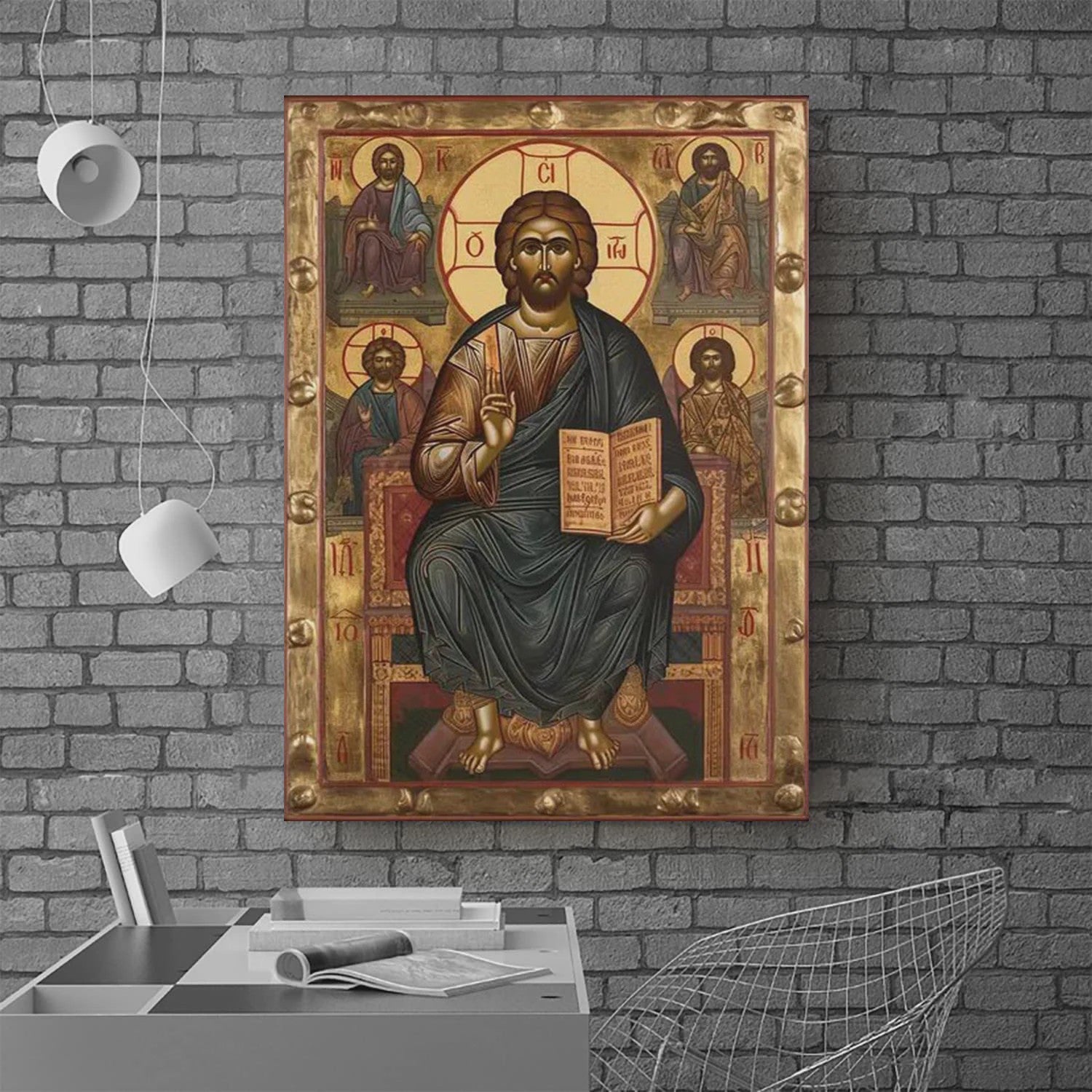 Byzantijnse Wanddecoratie: Jezus op de Troon van de Almachtige - Gouden Religieuze Kunst