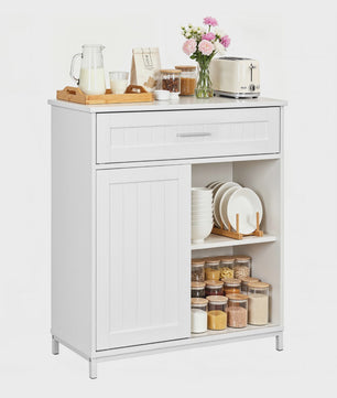 Wit Keuken Sideboard met Schuifdeur, Lades en Verstelbare Planken - Multifunctioneel Meubelstuk