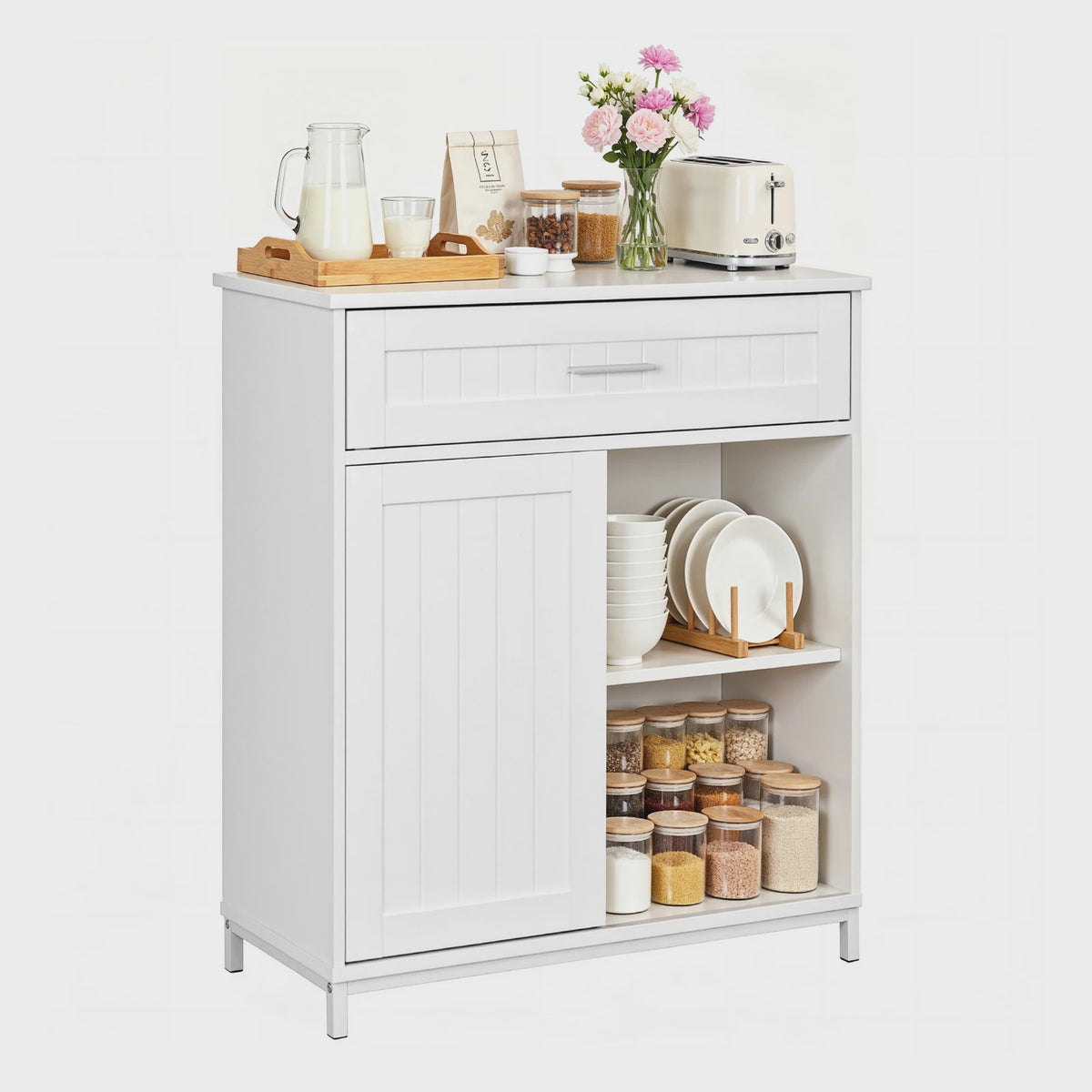 Wit Keuken Sideboard met Schuifdeur, Lades en Verstelbare Planken - Multifunctioneel Meubelstuk