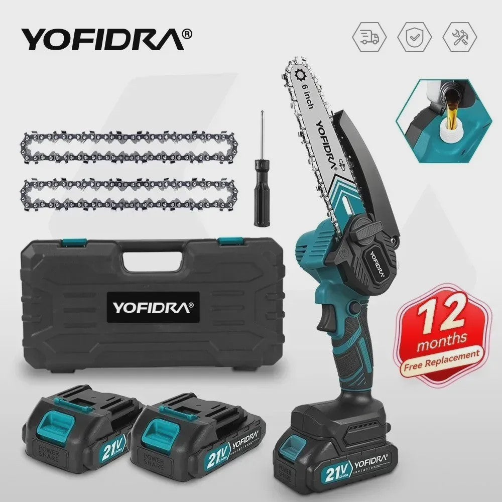 YOFIDRA 6-Inch Snoerloze Elektrische Kettingzaag - Krachtig Snoeien & Houtkloven (21V Batterij)