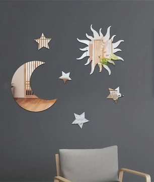 Set van 6 Spiegel Wandstickers: Zon, Maan & Sterren - Decoratieve Acryl Muurstickers