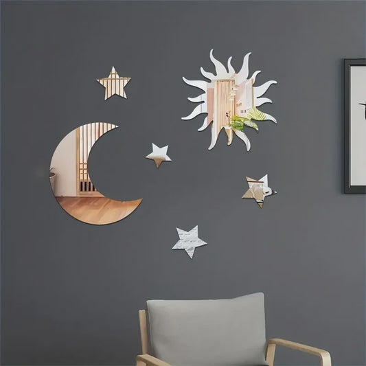 Set van 6 Spiegel Wandstickers: Zon, Maan & Sterren - Decoratieve Acryl Muurstickers