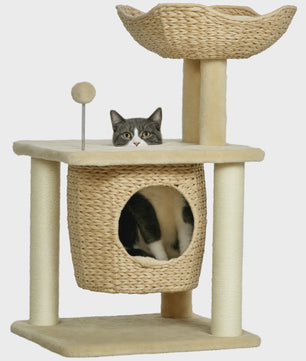 PawHut Kattenkrabpaal met Niche, Mand, Pompon en Sisal - Beige 45x40x74 cm