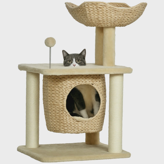 PawHut Kattenkrabpaal met Niche, Mand, Pompon en Sisal - Beige 45x40x74 cm