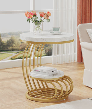 Moderne Ronde Bijzettafel met 2 Niveaus en Marmerlook - Wit Goud