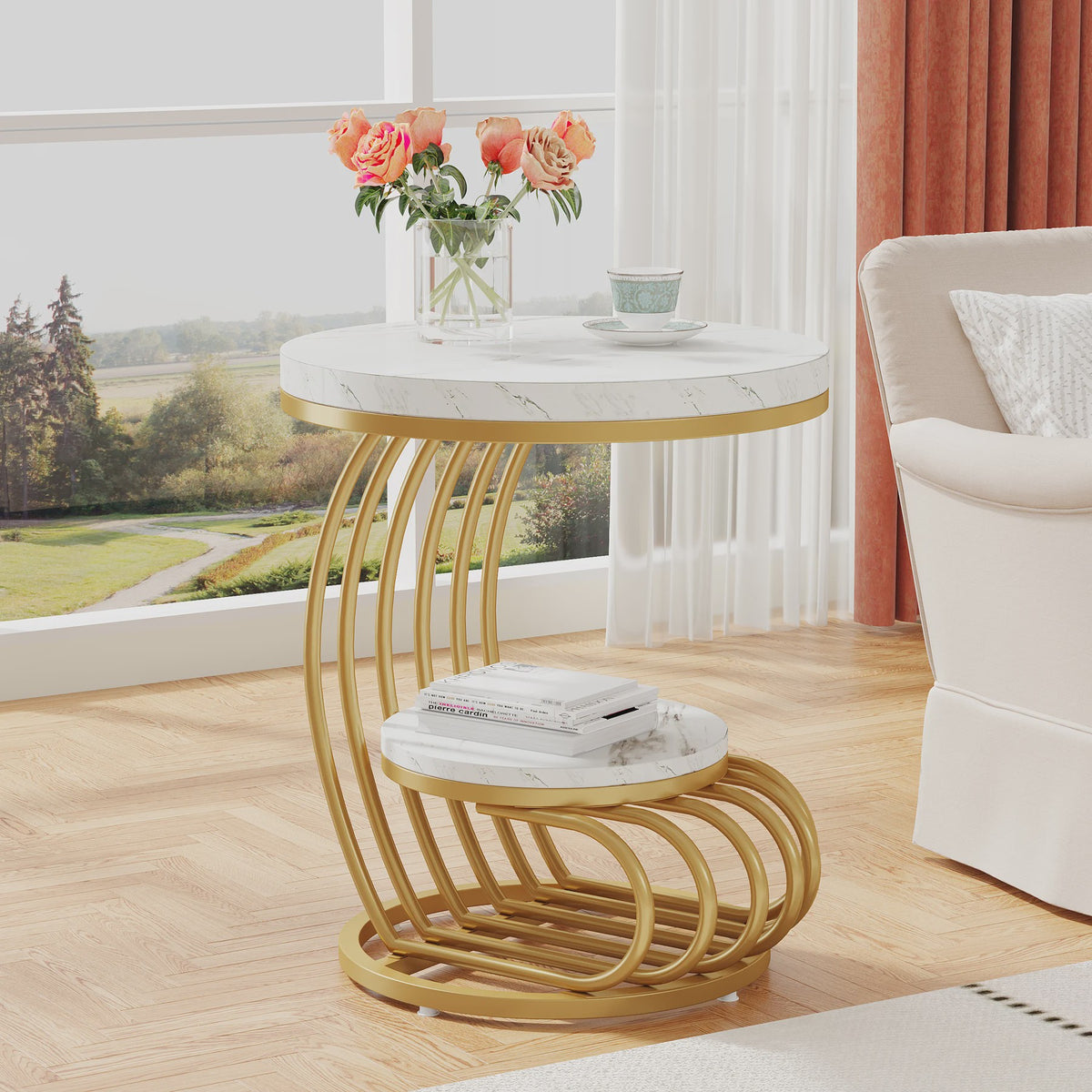 Moderne Ronde Bijzettafel met 2 Niveaus en Marmerlook - Wit Goud