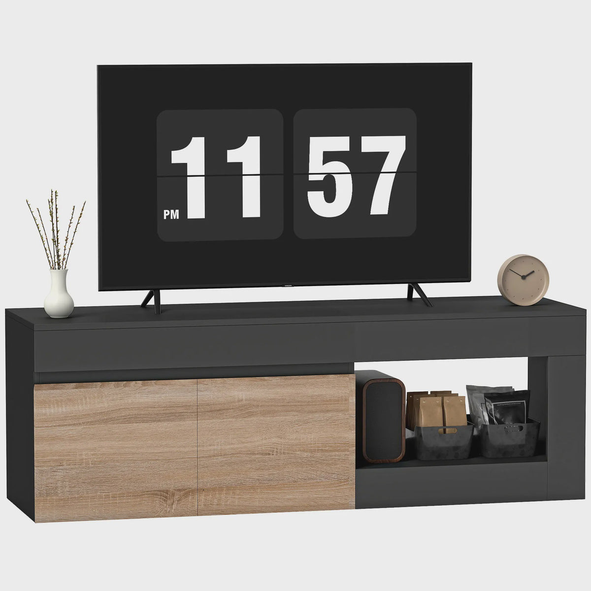 Moderne TV Meubel met 2 Deuren en Open Compartiment - Zwart/Houtkleur - Tot 60 Inch