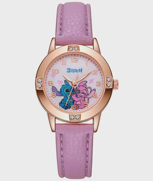 Schattig Stitch Kinderhorloge met Leren Band en Kristallen Wijzerplaat - Perfect Cadeau