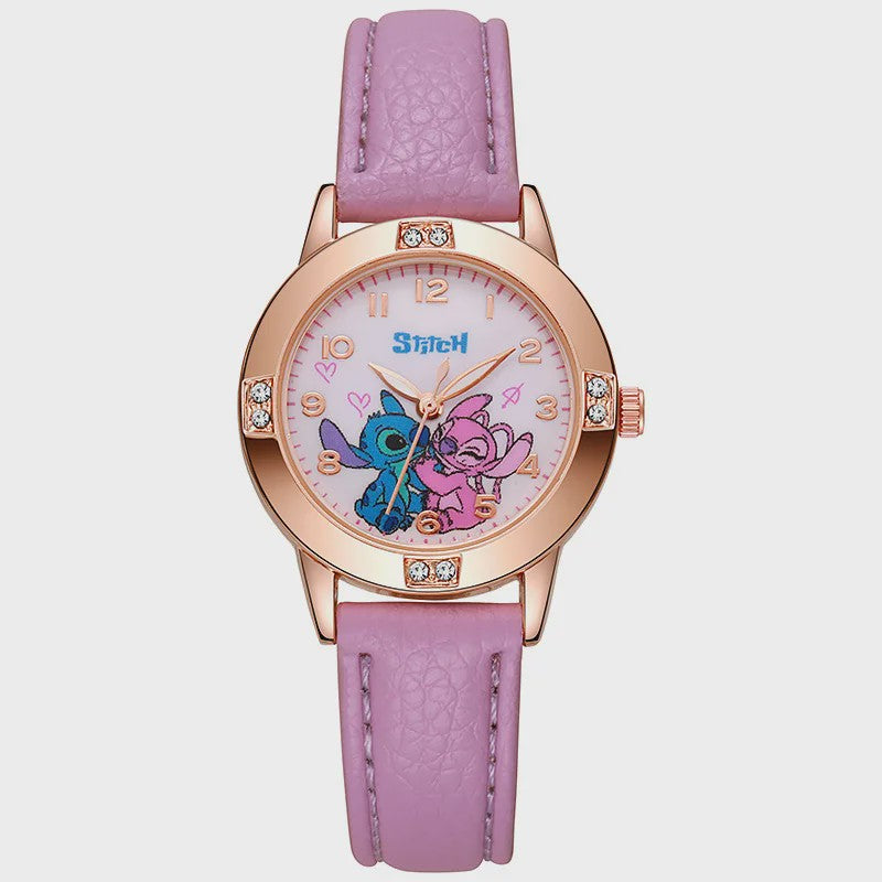 Schattig Stitch Kinderhorloge met Leren Band en Kristallen Wijzerplaat - Perfect Cadeau