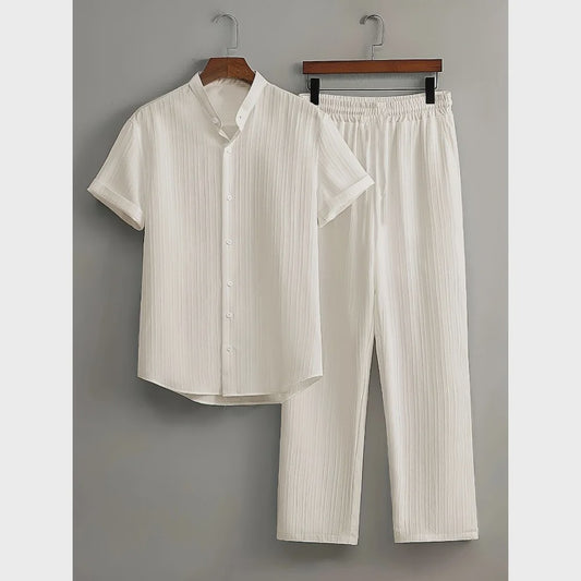 Zomerse Heren Tweedelige Set: Luchtig Linnen Look Shirt met Broek
