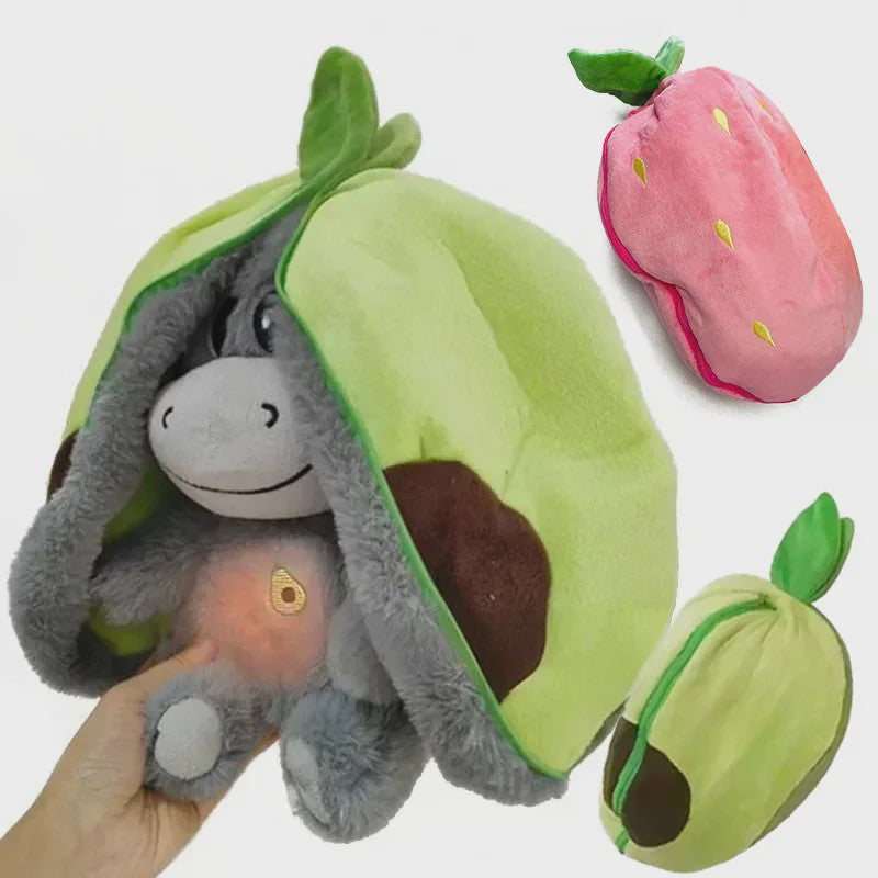 Aardbei Ezel Pluche Knuffel - Veranderbaar & Slaap Poppetje (30cm) - Kinder Cadeau