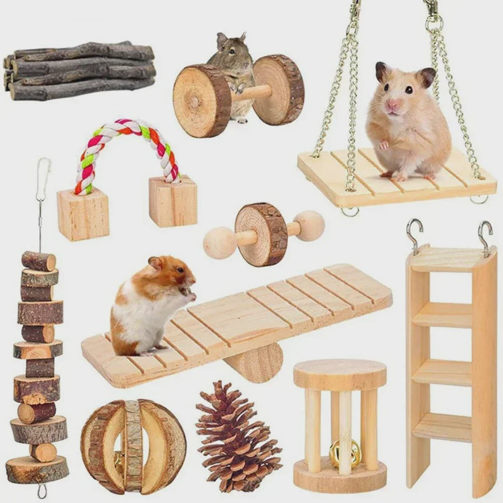Houten Knaagdier Speelgoed Set: Kauwspeeltjes & Tandverzorging voor Konijn, Cavia, Rat