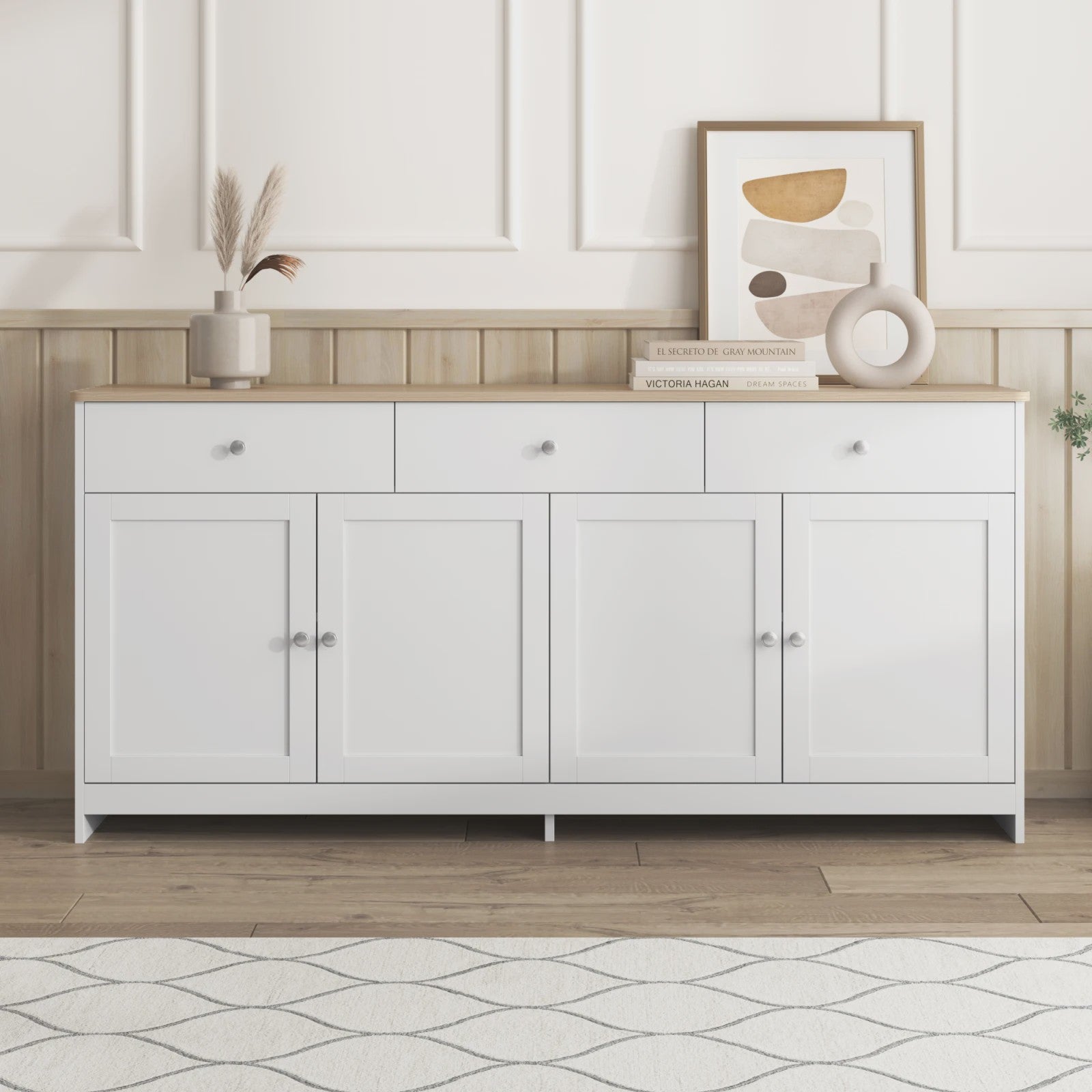 Moderne Witte Sideboardkast met 4 Deuren en 3 Lades - 160x37x75cm