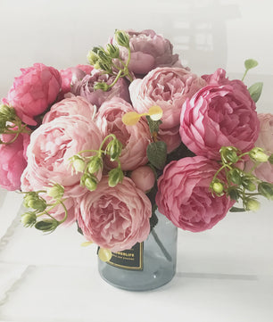 Roze Zijden Pioen Kunstboeket 30cm - 5 Grote Bloemen & 4 Knopen voor Decoratie