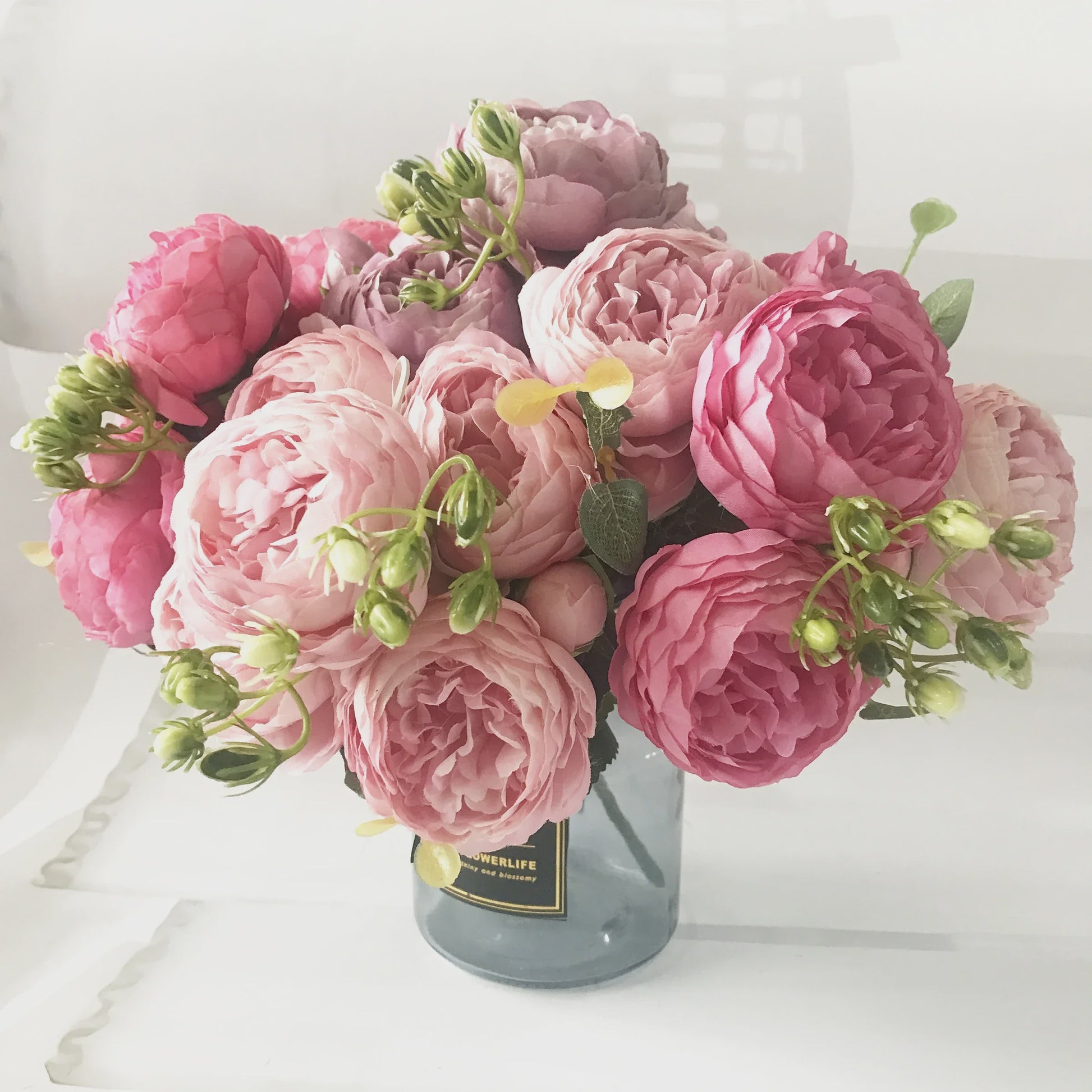 Roze Zijden Pioen Kunstboeket 30cm - 5 Grote Bloemen & 4 Knopen voor Decoratie