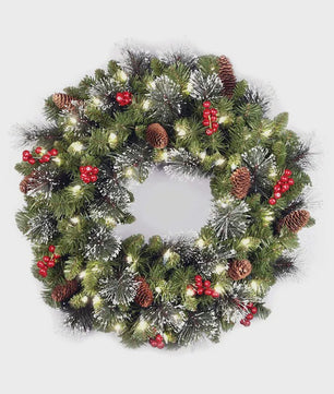 Luxe Kerstkrans met LED Verlichting, Pijnbomen en Rode Bessen - 40cm