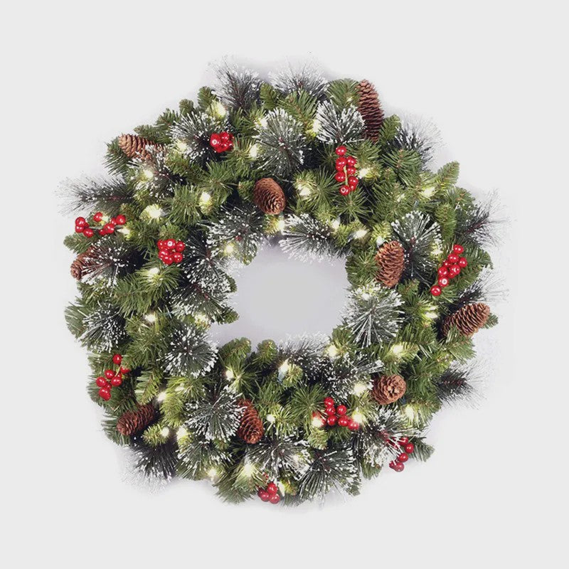 Luxe Kerstkrans met LED Verlichting, Pijnbomen en Rode Bessen - 40cm
