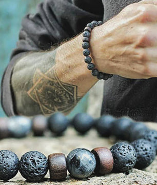 Natuursteen Armband Heren Dames - Lava & Hout Kralen 8mm