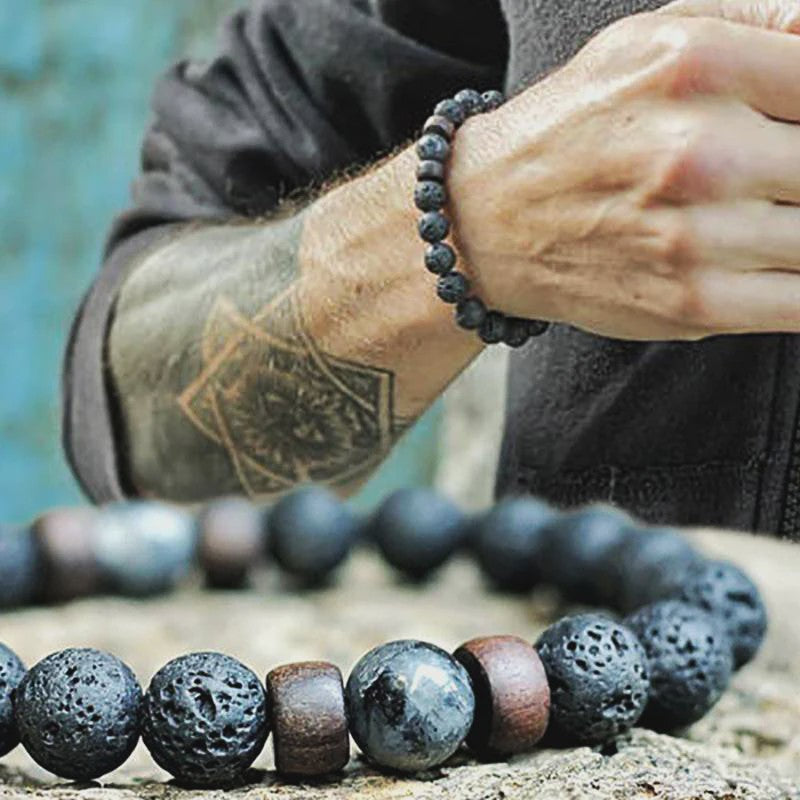 Natuursteen Armband Heren Dames - Lava & Hout Kralen 8mm