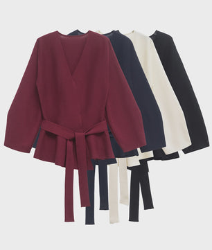 Gebreide Dames Blazer met Schouderpadden en Ceintuur - Retro V-hals