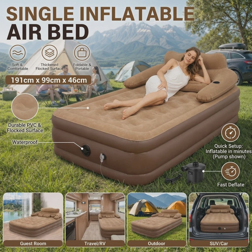 Universeel Opblaasbaar Luchtbed - Single, Opvouwbaar & Draagbaar voor Thuis, Camping, Auto & Tent