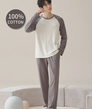Heren Pyjama Set 100% Katoen Lange Mouw - Comfortabel Vier Seizoenen Thuispak voor Plus Size & Tieners
