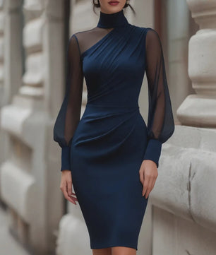 Dames Elegante Mesh Jurk met Col en Ruches - Midi Lengte