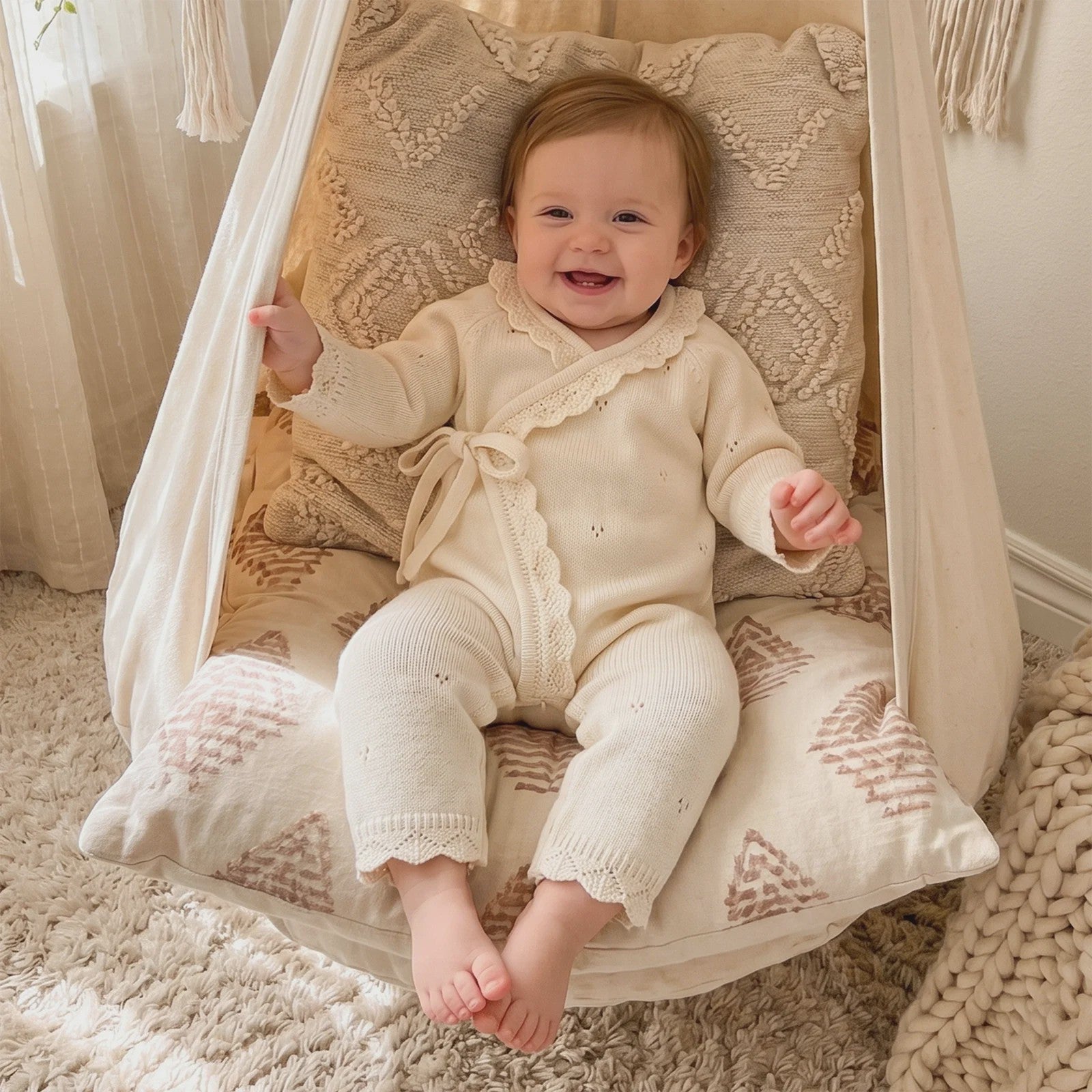 Gebreide Baby Romper met Kanten Rand en V-hals - Jumpsuit voor Jongens & Meisjes