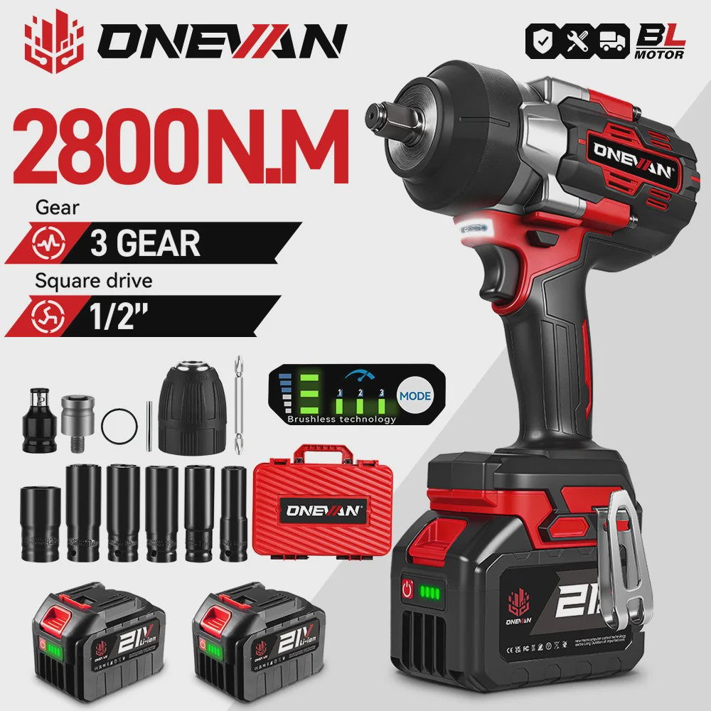 ONEVAN Brushless Elektrische Slagschroevendraaier 2800W - 2800 Nm, 1/2 Inch, Makita 18V Compatibel