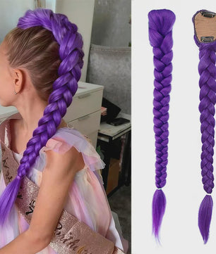 Paarse Vlecht Haarstuk met Clips - 26 Inch Synthetisch Verlengstuk voor Kinderen