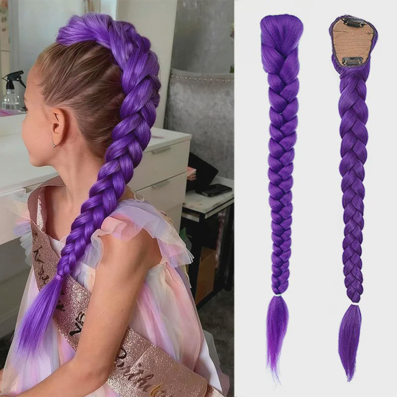 Paarse Vlecht Haarstuk met Clips - 26 Inch Synthetisch Verlengstuk voor Kinderen