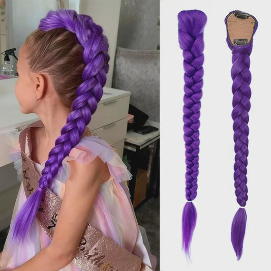 Paarse Vlecht Haarstuk met Clips - 26 Inch Synthetisch Verlengstuk voor Kinderen