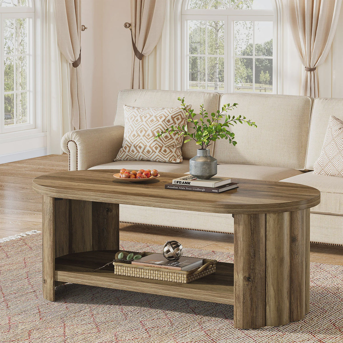Rustieke Ovalen Salontafel met 2 Lagen Opbergruimte - 120cm Breed