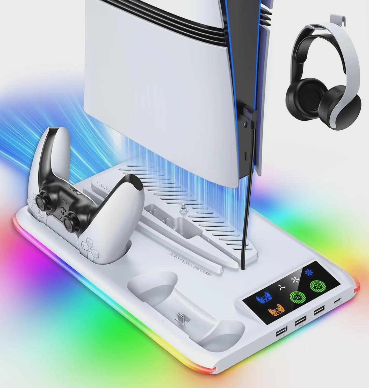 PS5 Accessoire Station: Koeler, Lader & RGB Verlichting voor PS5, PS5 Slim & PS5 Pro