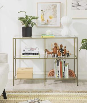 Stijlvolle Console Tafel met 3 Glazen Planken - Goudkleurig Metaal