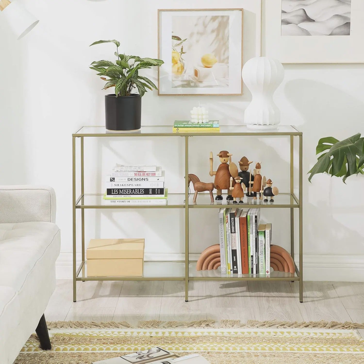 Stijlvolle Console Tafel met 3 Glazen Planken - Goudkleurig Metaal