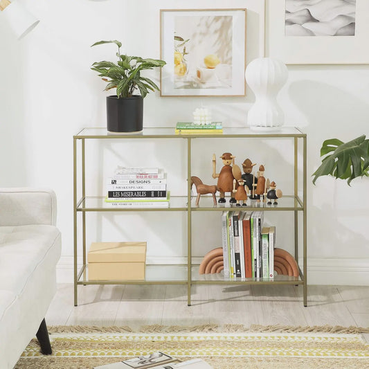 Stijlvolle Console Tafel met 3 Glazen Planken - Goudkleurig Metaal