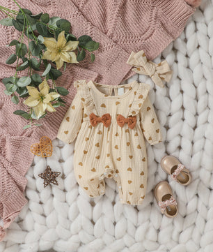 Schattige Baby Meisjes Jumpsuit met Hartjesprint en Strikje - Katoen, Lange Mouwen