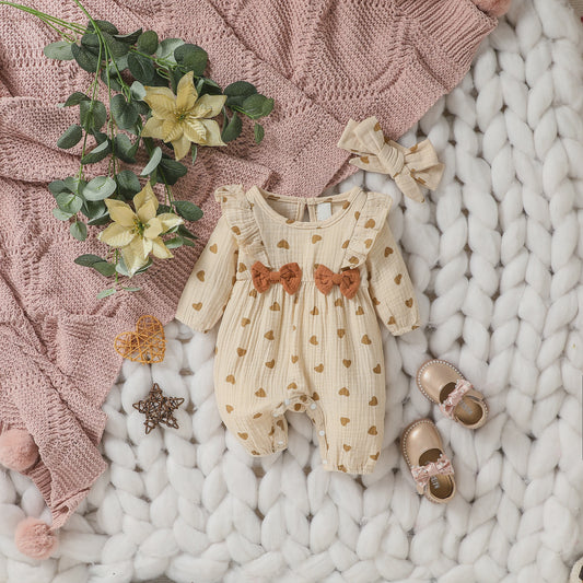 Schattige Baby Meisjes Jumpsuit met Hartjesprint en Strikje - Katoen, Lange Mouwen