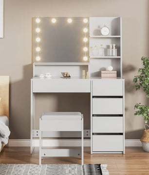 Kaptafel met Verlichting, Spiegel, Kruk en Veel Opbergruimte - Wit