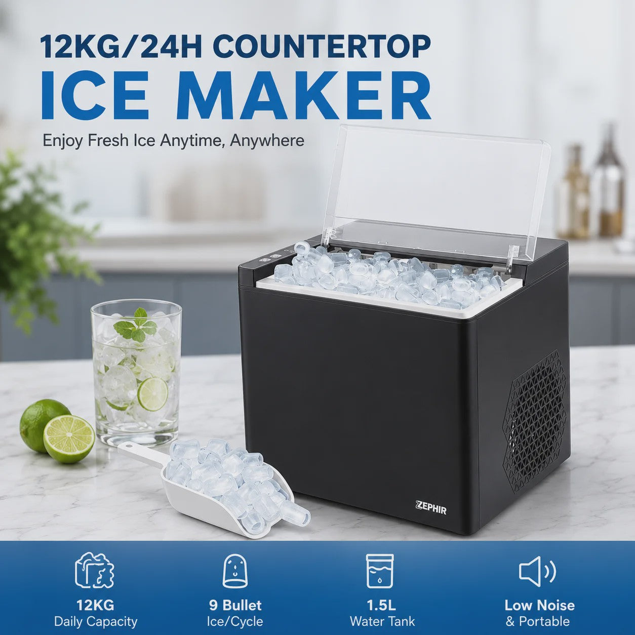 Compacte IJsmachine voor aanrecht - 12KG/24H - Zelfreinigend - Bullet IJs - 1.5L Tank