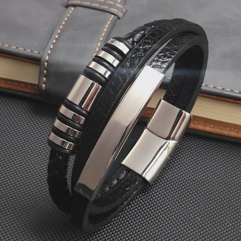Heren Leren Armband met RVS Details - Stijlvol & Klassiek