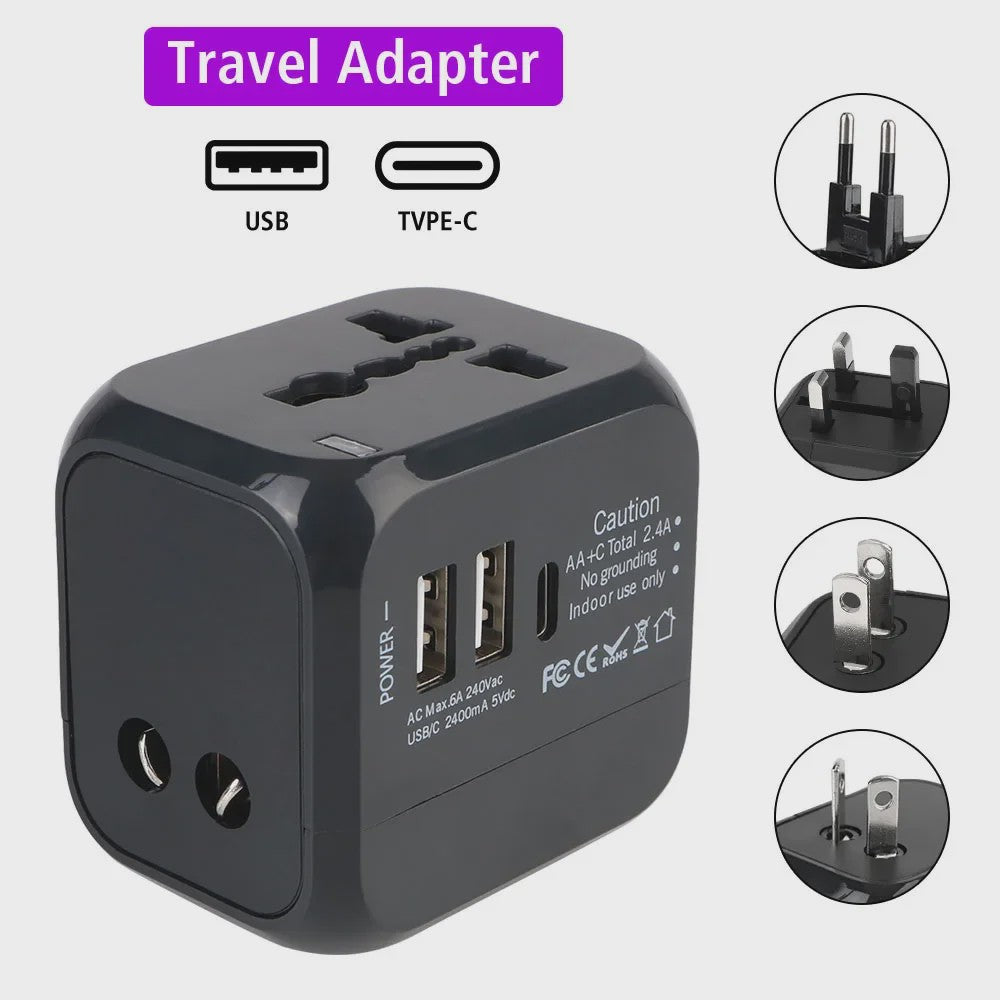 Universele Reisadapter met 2 USB & 1 Type-C Poort - EU, UK, US, AU Stekkers
