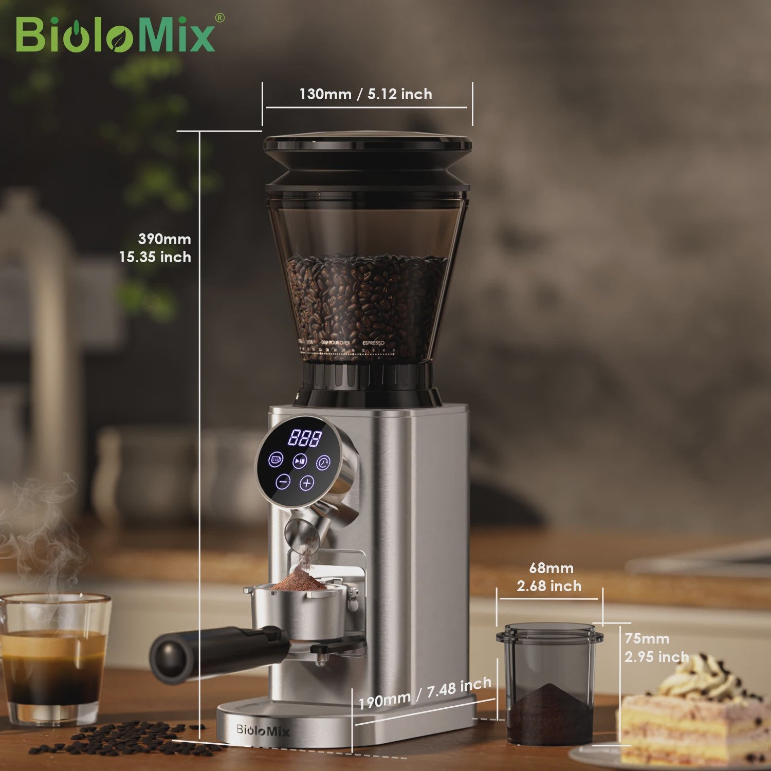 BioloMix Professionele Koffiemolen met 48 Instellingen en Timer voor Espresso, Filterkoffie & French Press