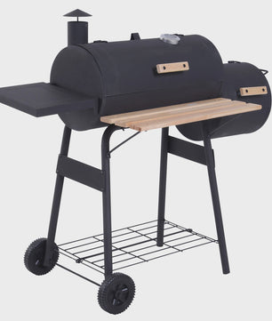 Outsunny Charcoal Smoker BBQ Grill met Thermometer, Wielen en Zijplanken - Zwart